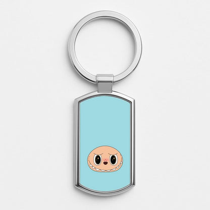 Cute Blue Monster Face Silver Metal Keyring