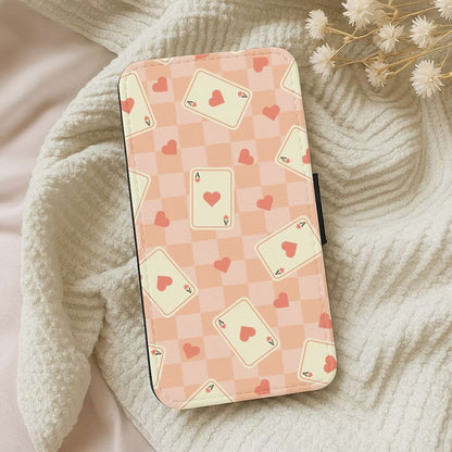 Cute Playing Cards And Hearts Pattern Leather Phone Case