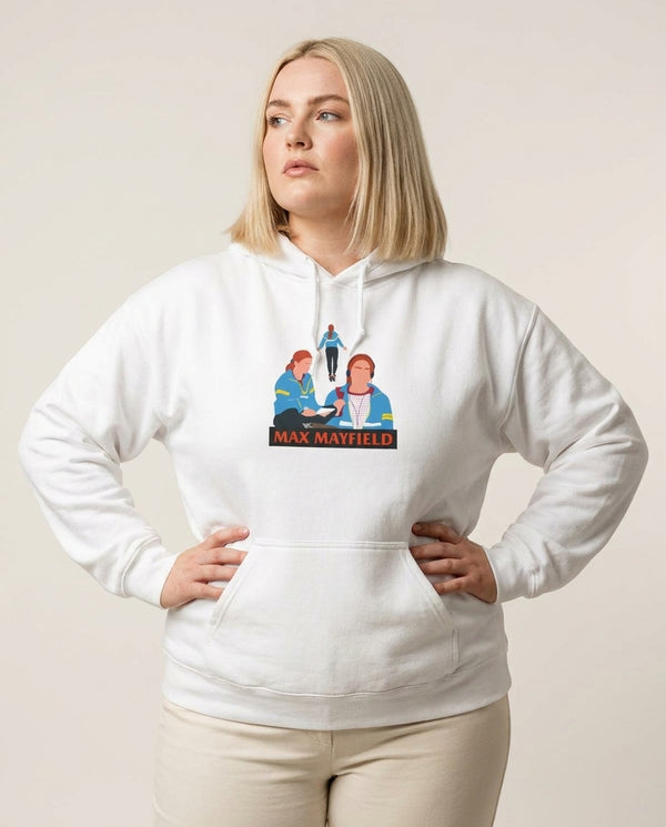 Max Mayfield Hoodie — White Front, worn