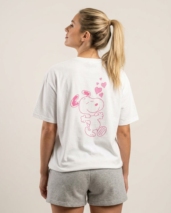 Cartoon Beagle Valentine Hearts Pattern T-Shirt — White Back, worn