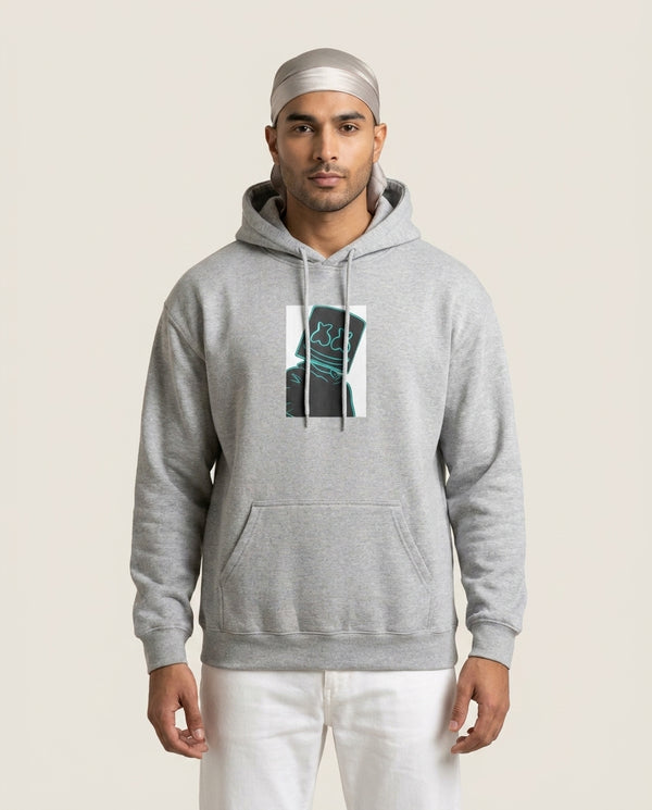 Black White Helmet DJ Neon Hoodie — Grey Front, worn