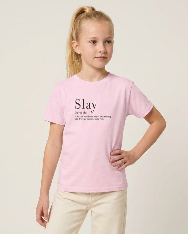 Slay Kids T-Shirt — Pink Front, worn