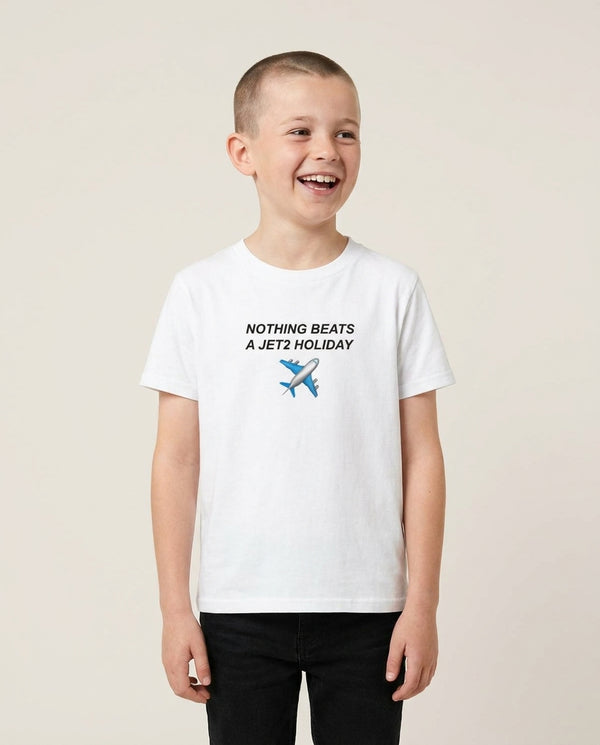 Nothing Beats A Holiday Kids T-Shirt — White Front, worn