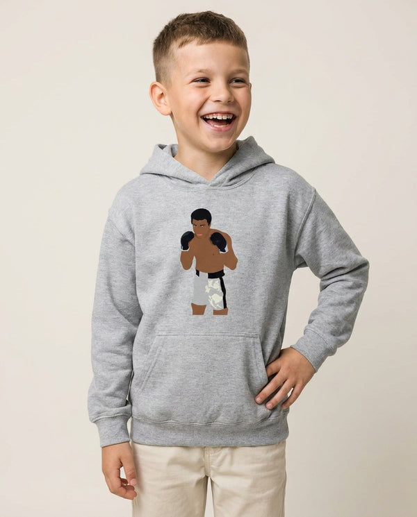 Ali - Boxing Kids Hoodie — Grey Front, worn