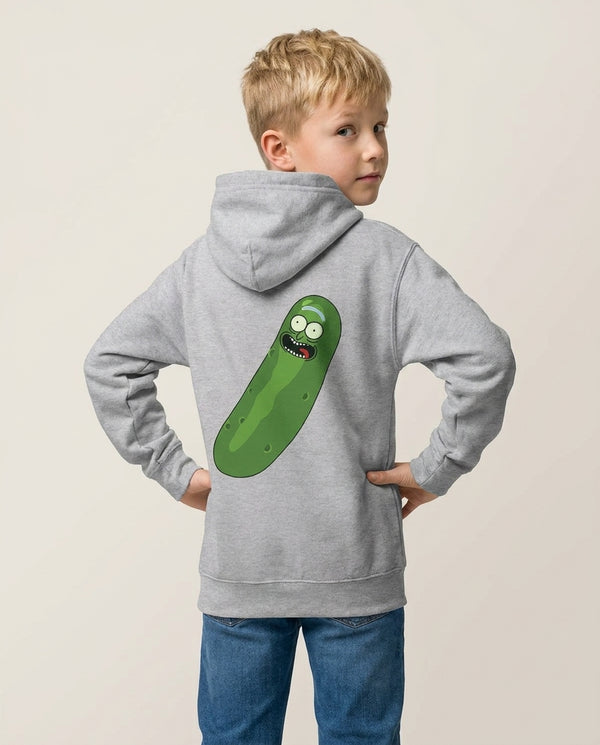 Pickle Rick - RAM Kids Hoodie — Grey Back, worn
