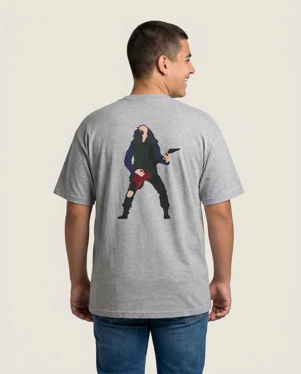 Eddie Munson Playing Guitar T-Shirt — Grey Back, worn