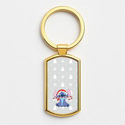 Cute Blue Alien Candycane Gold Keyring