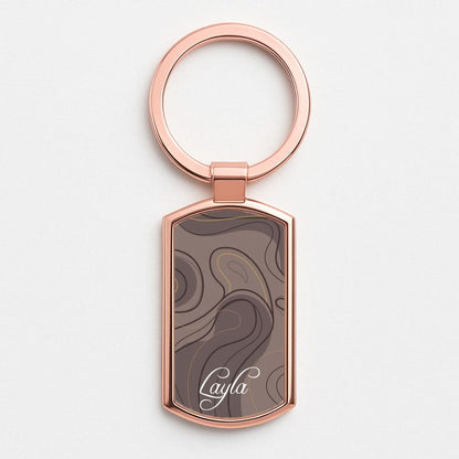 Brown Marble Waves Personalised Name Rose Gold Keyring