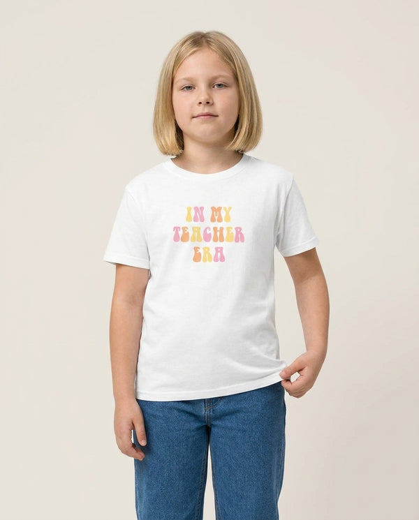 In My Teacher Era Kids T-Shirt — White Front, worn