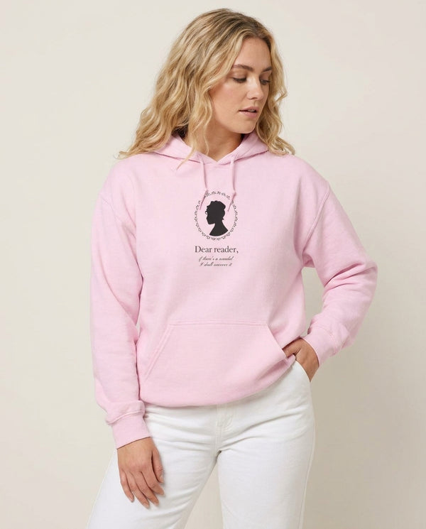 Dear Reader Hoodie — Pink Front, worn