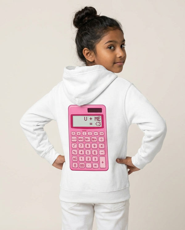 Pink Love Calculator Kids Hoodie White Back, worn