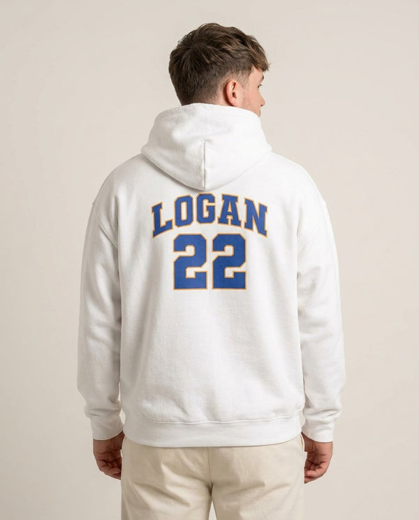 Logan Hoodie — White Back, worn