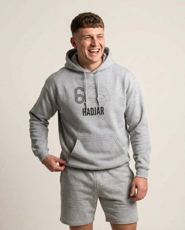 Hadjar Helmet 2026 Hoodie — Grey Front, worn