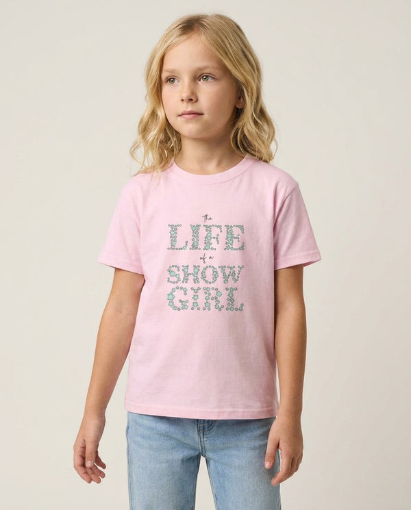 TLOAS Bedazzled Writing Kids T-Shirt — Pink Front, worn