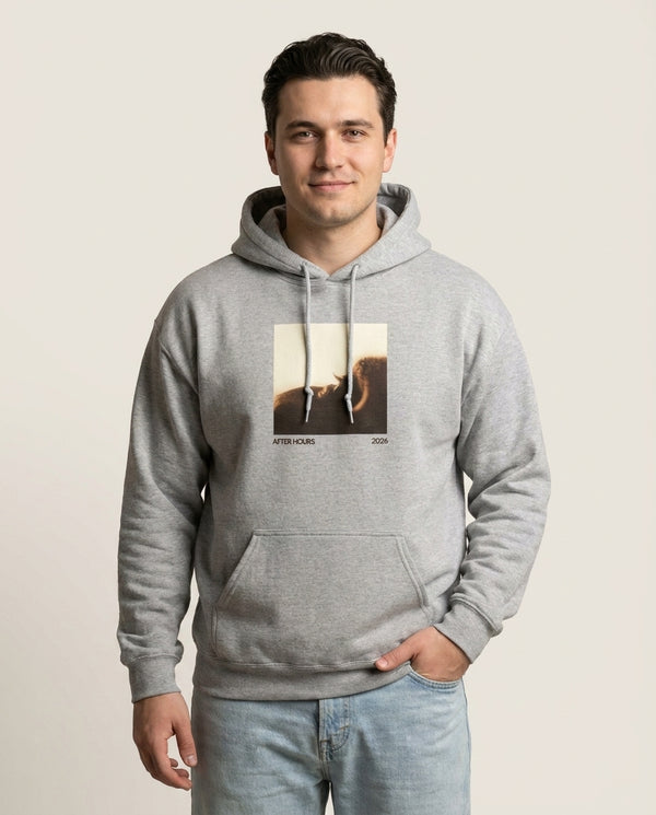 AH Album Hoodie — Grey Front, worn