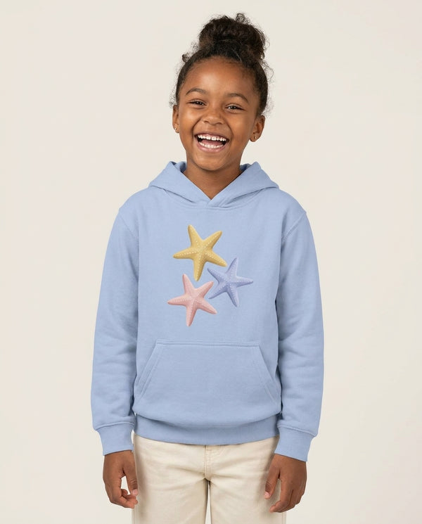 Starfish Cluster Kids Hoodie — Blue Front, worn