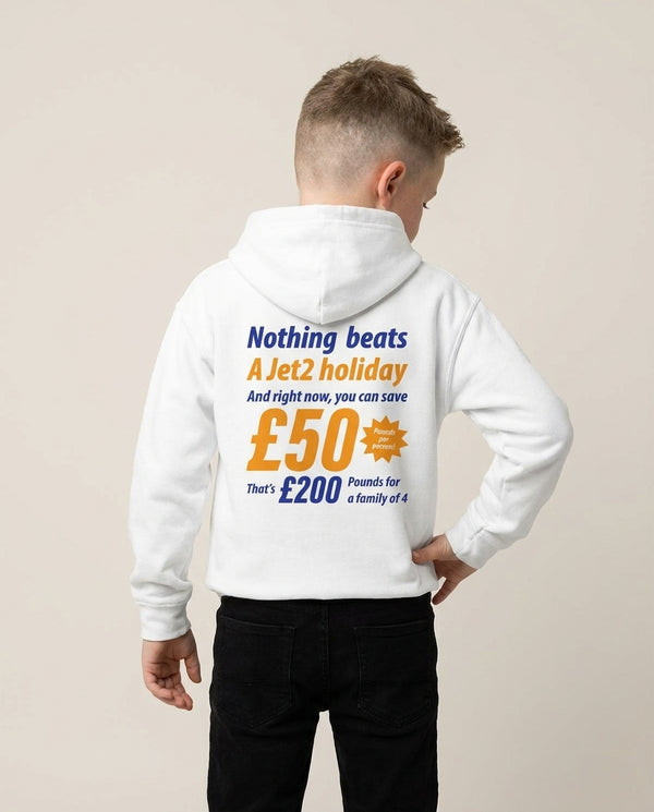 Nothing Beats A Jet Holiday Kids Hoodie — White Back, worn