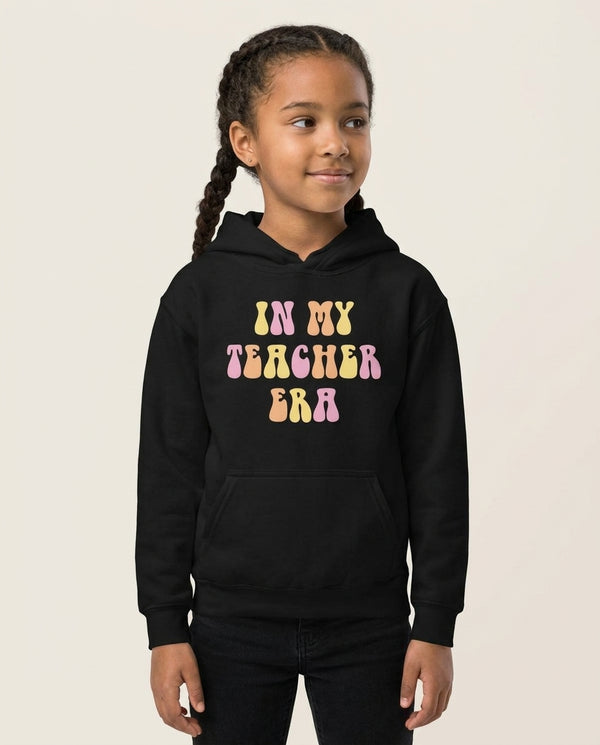 In My Teacher Era Kids Hoodie — Black Front, worn