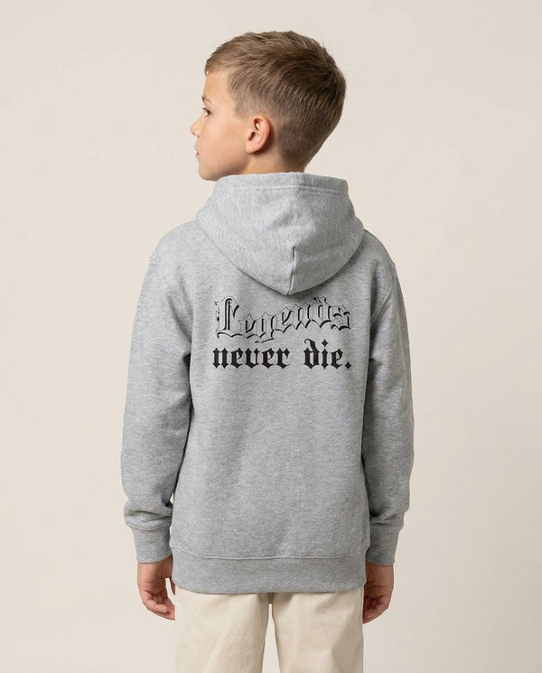 Legends Never Die - Juice Kids Hoodie — Grey Back, worn