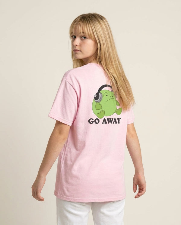 Go Away Grumpy Frog  T-Shirt — Pink Back, worn