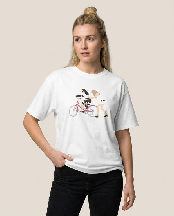 David Riding A Bike T-Shirt — White Front, worn