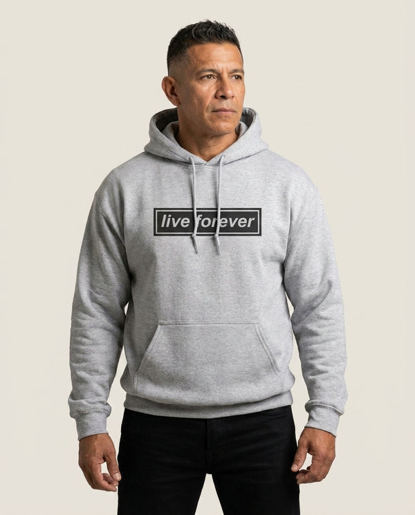 Live Forever Hoodie — Grey Front, worn