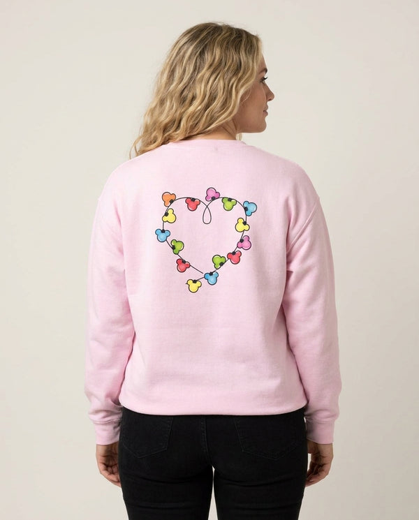 Cartoon Mouse Christmas Fairylights Heart Sweatshirt — Pink Back, worn