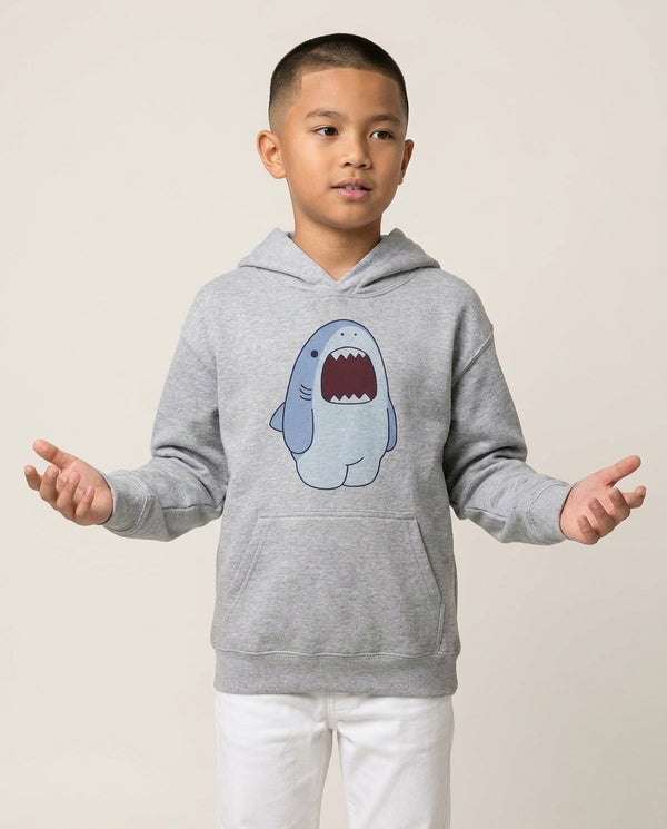 Chubby Shouting Shark Kids Hoodie Grey Front, worn