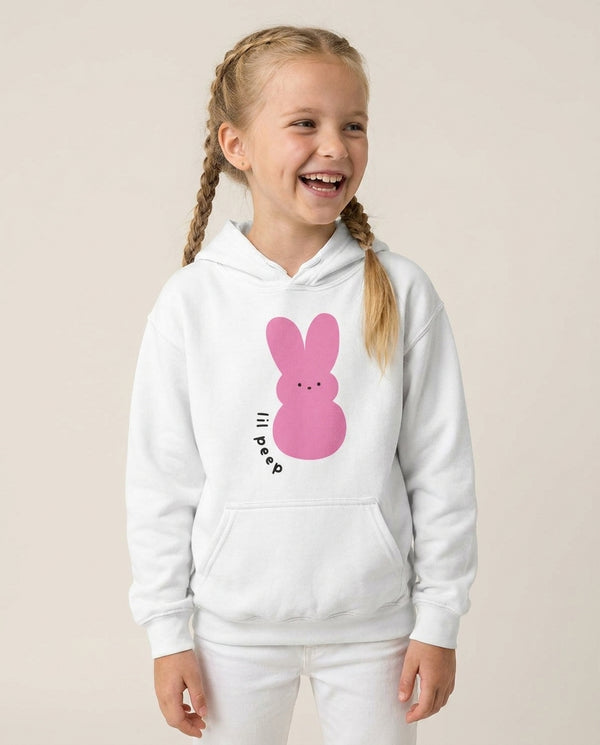 Peep Bunny - Peep Kids Hoodie — White Front, worn