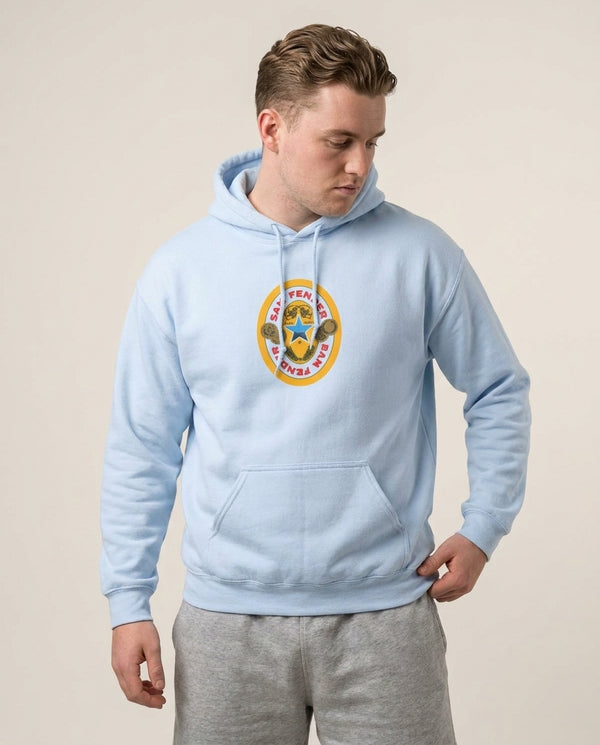 Fender Badge Hoodie — Blue Front, worn