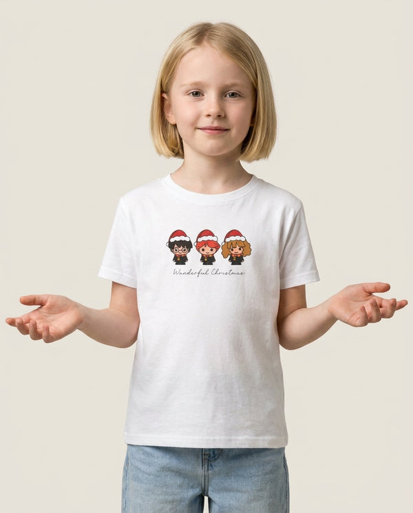 Wizards With Christmas Hats Kids T-Shirt — White Front, worn