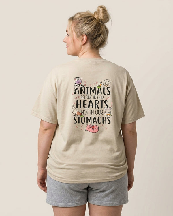 Animals Belong In Our Hearts - Vegan T-Shirt — Sand Back, worn