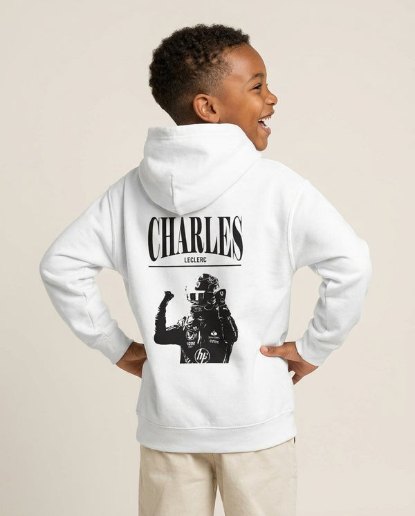 Charles Red And Gold Kids Hoodie — White Back, worn