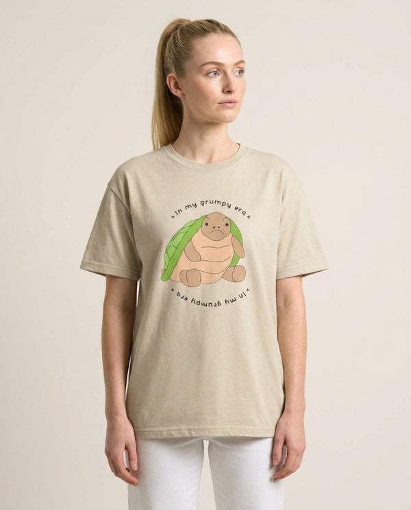 Grumpy Era Turtle T-Shirt — Sand Front, worn