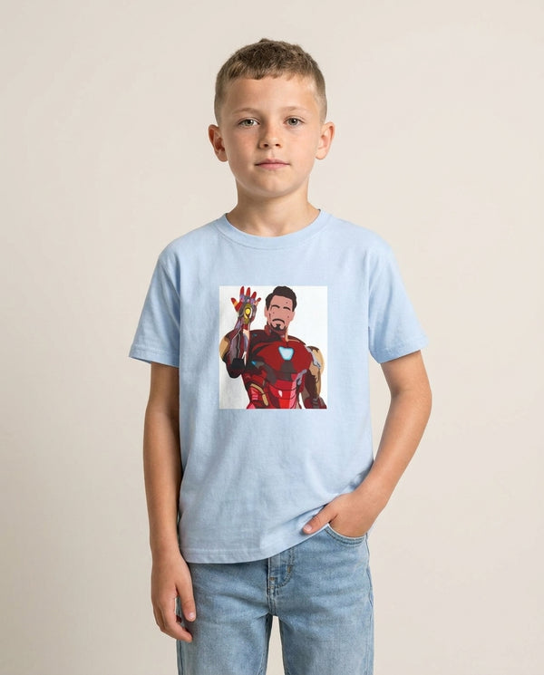 Iron Man Kids T-Shirt — Blue Front, worn