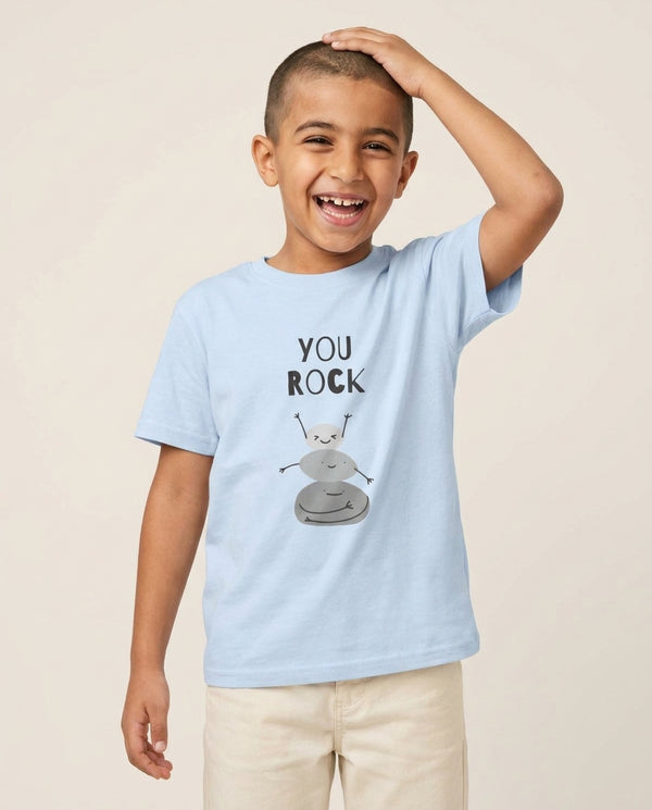 You Rock Kids T-Shirt — Blue Front, worn