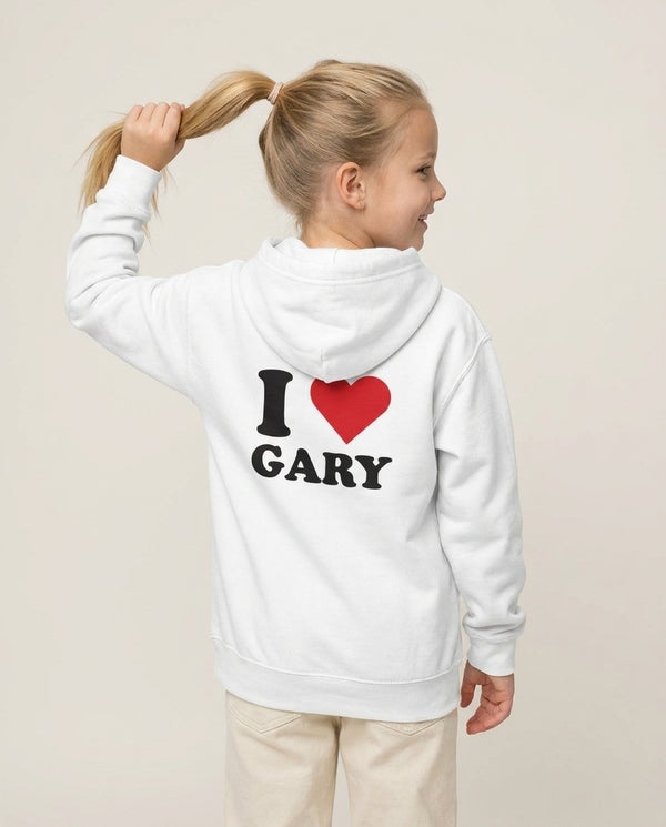 I Love Gary Kids Hoodie — White Back, worn