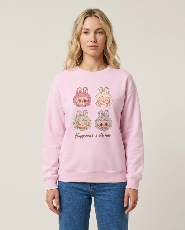 Happiness Is Eternal Monsters Sweatshirt — Pink Front, worn