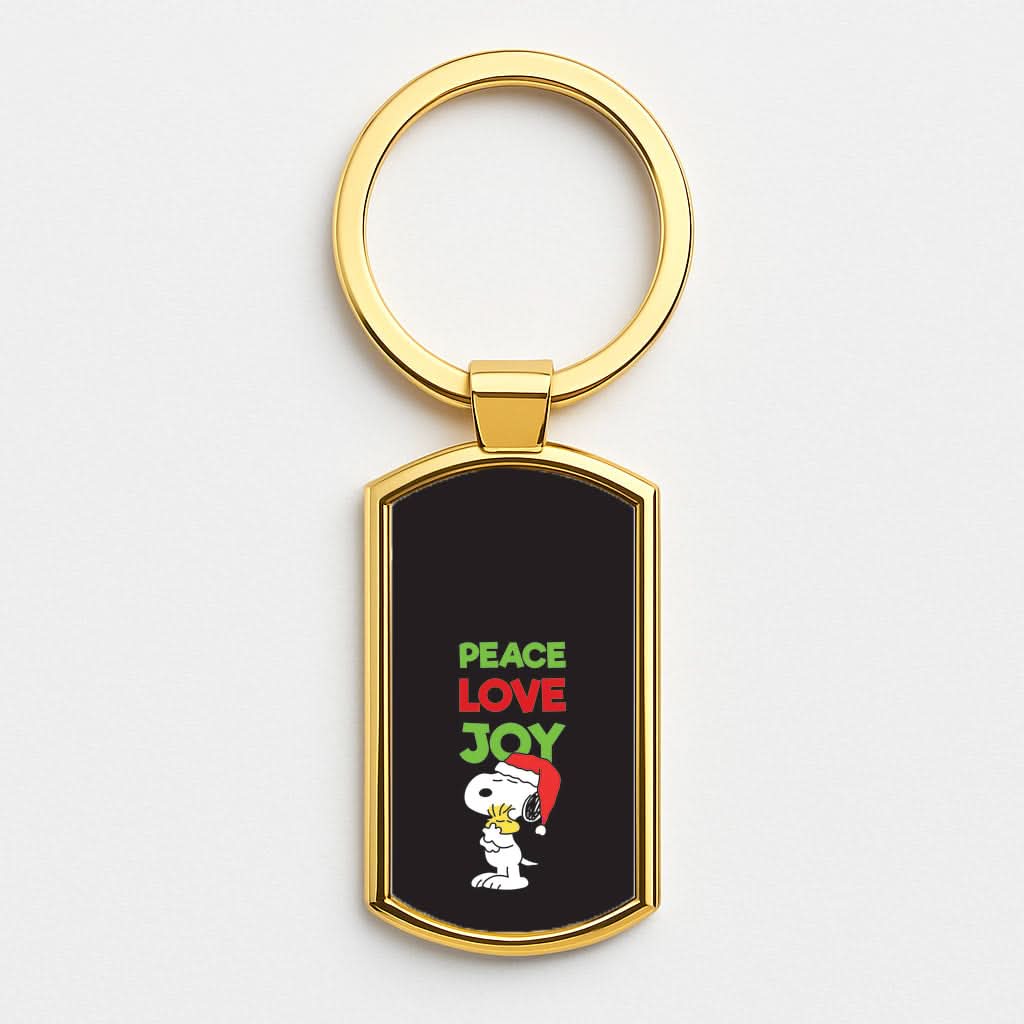 Peace, Love, Joy Christmas Cartoon Beagle Gold Keyring