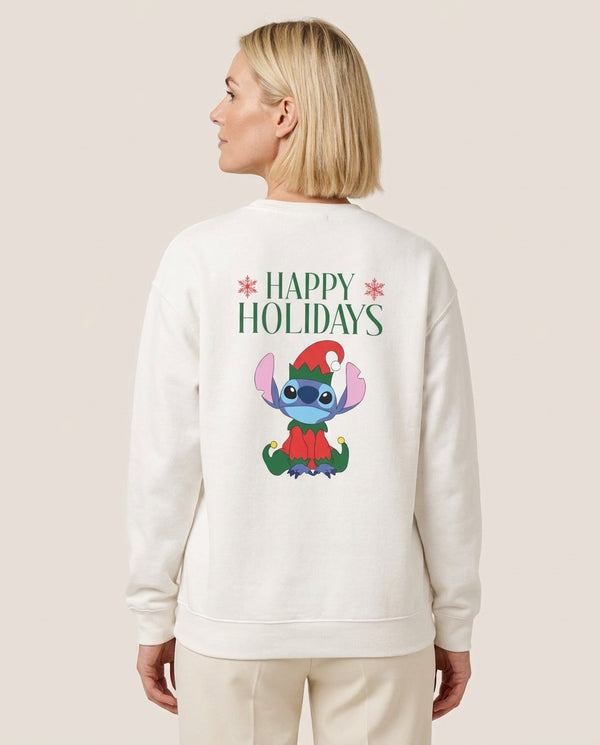 Cute Blue Alien Elf Sweatshirt — White Back, worn