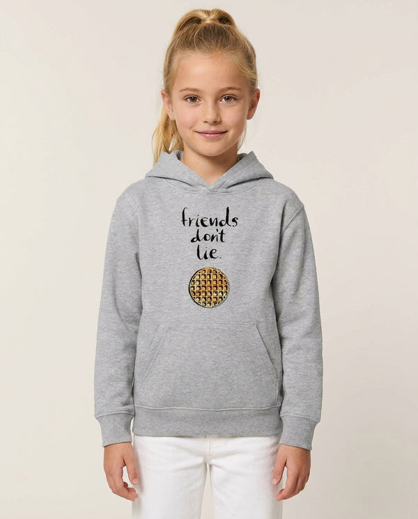 Friends Don't Lie Waffle Kids Hoodie — Grey Front, worn