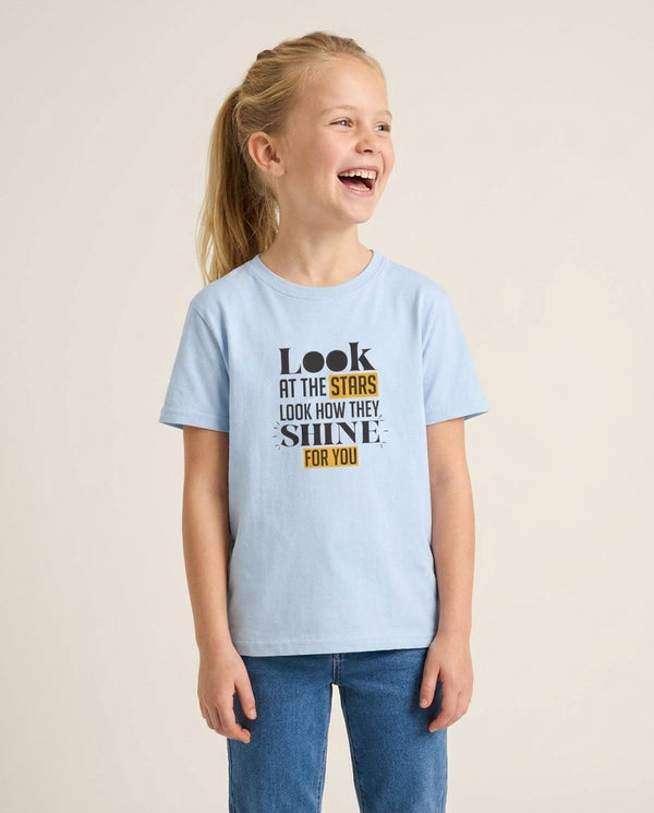 Look At The Stars Kids T-Shirt — Blue Front, worn