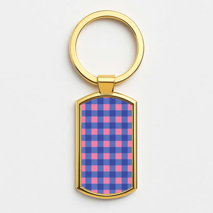 Pink And Blue Checkered Pattern Gold Keyring