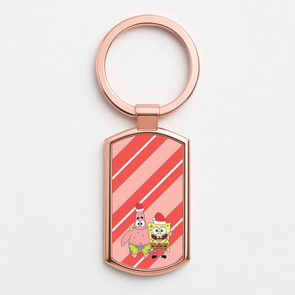 Cartoon Sponge And Starfish Christmas Hats Rose Gold Keyring