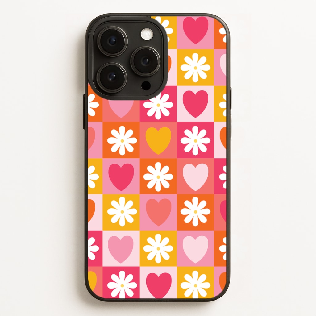 Checked Hearts And Flowers - Spring Patterns Phone Case for iPhone, Samsung Galaxy and Google Pixel
