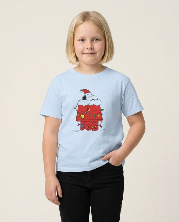 Christmas Cartoon Beagle Kids T-Shirt Blue Front, worn