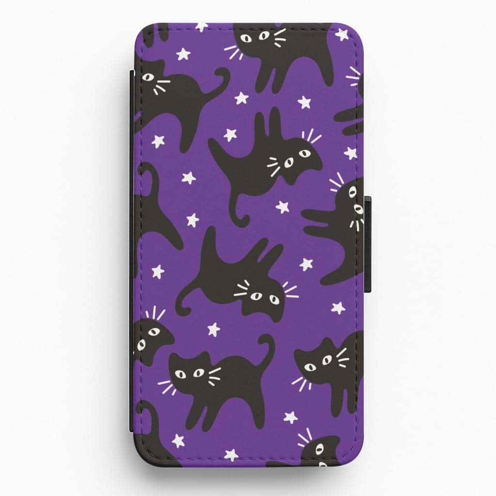 Cartoon Black Cats And Stars Pattern Flip / Wallet Phone Case
