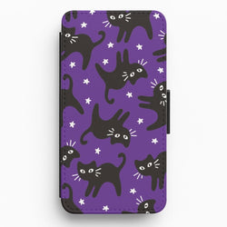 Cartoon Black Cats And Stars Pattern Flip / Wallet Phone Case
