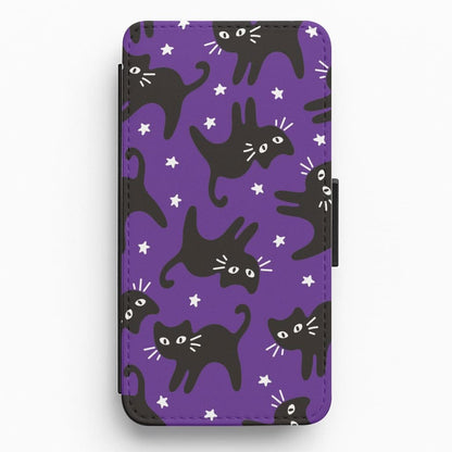 Cartoon Black Cats And Stars Pattern Flip / Wallet Phone Case