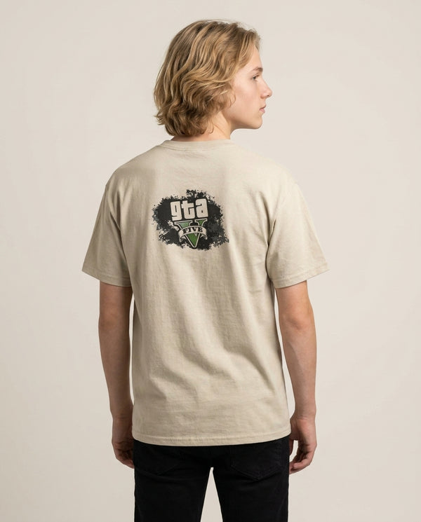 Five - Video Game T-Shirt — Sand Back, worn